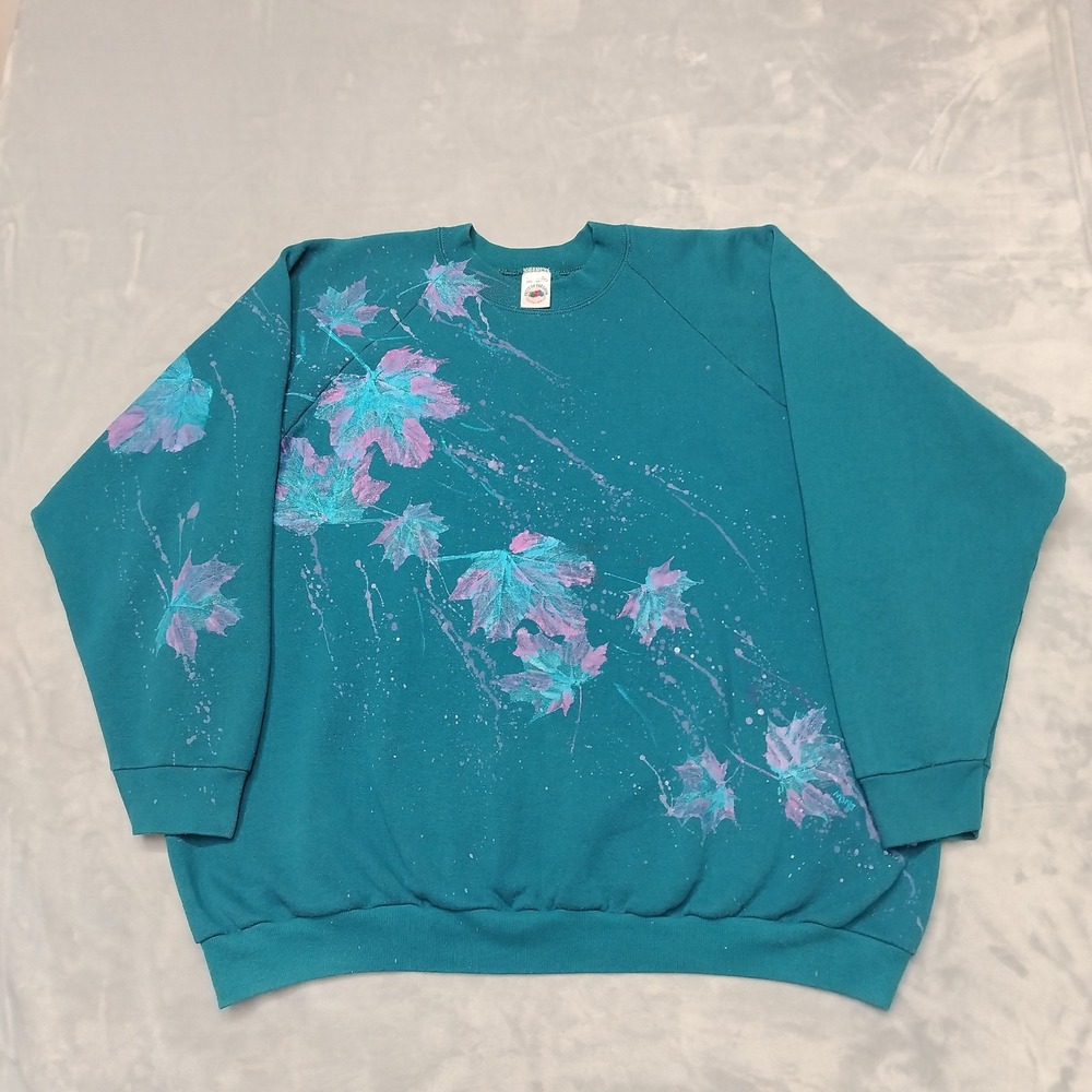 VTG Fruit Of The Loom Sweatshirt Womens 3XL Teal Maple Leaf Made In USA